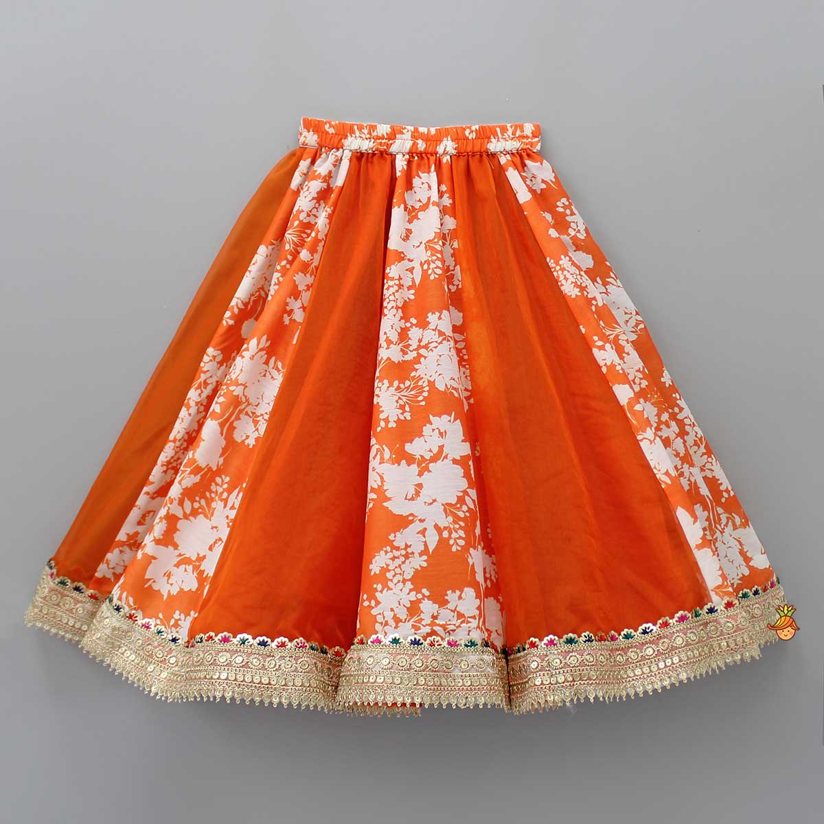 Checks Detail Yoke Orange Top And Floral Printed Lehenga With Organza Dupatta