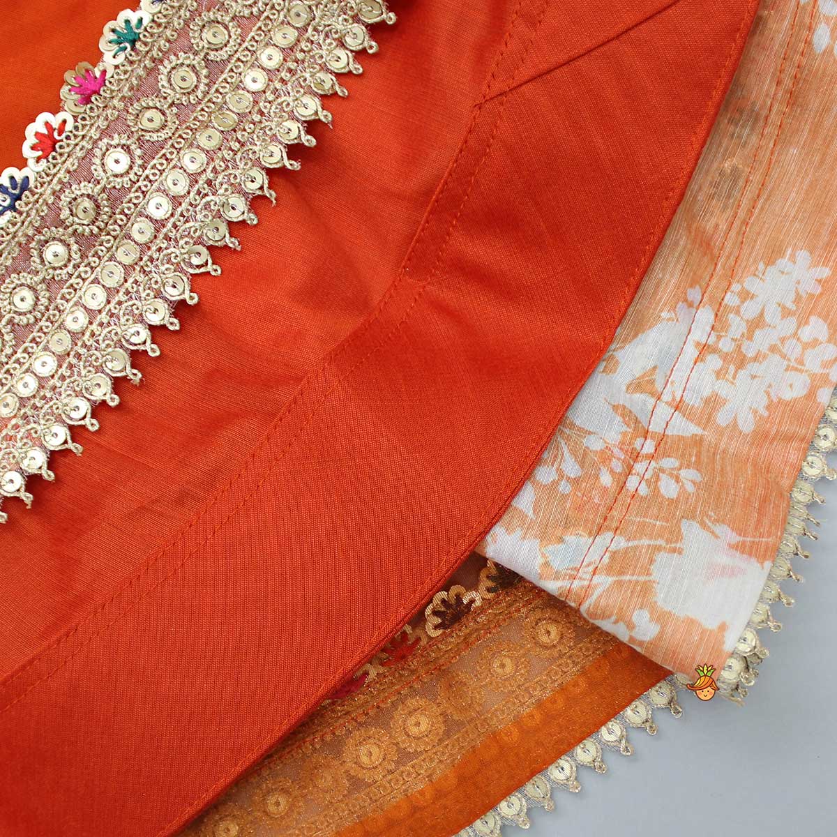 Checks Detail Yoke Orange Top And Floral Printed Lehenga With Organza Dupatta