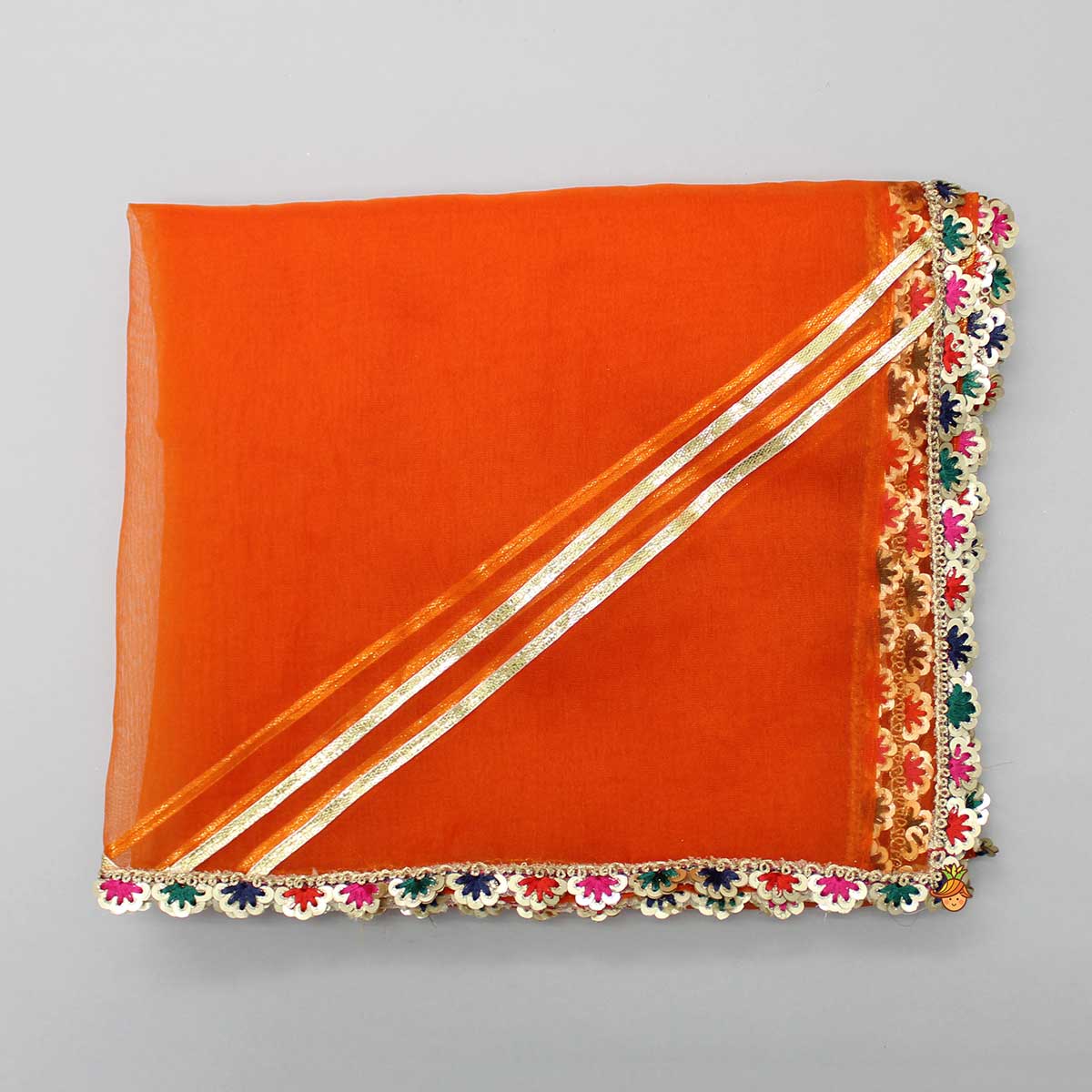 Checks Detail Yoke Orange Top And Floral Printed Lehenga With Organza Dupatta