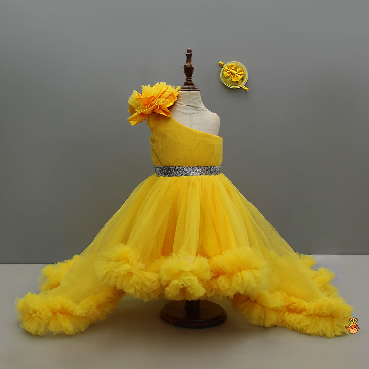 One Shoulder Ruffle Hem High Low Yellow Dress With Matching Head Band