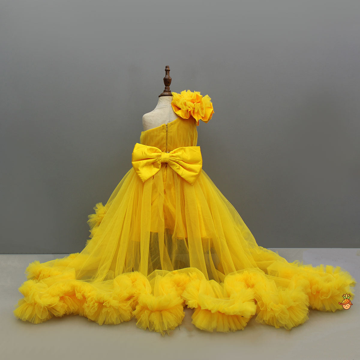 One Shoulder Ruffle Hem High Low Yellow Dress With Matching Head Band