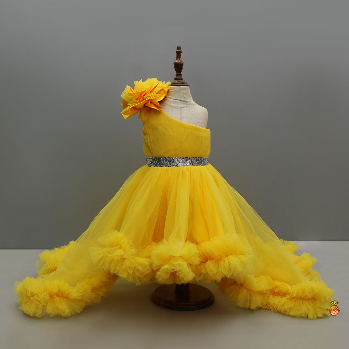 One Shoulder Ruffle Hem High Low Yellow Dress With Matching Head Band