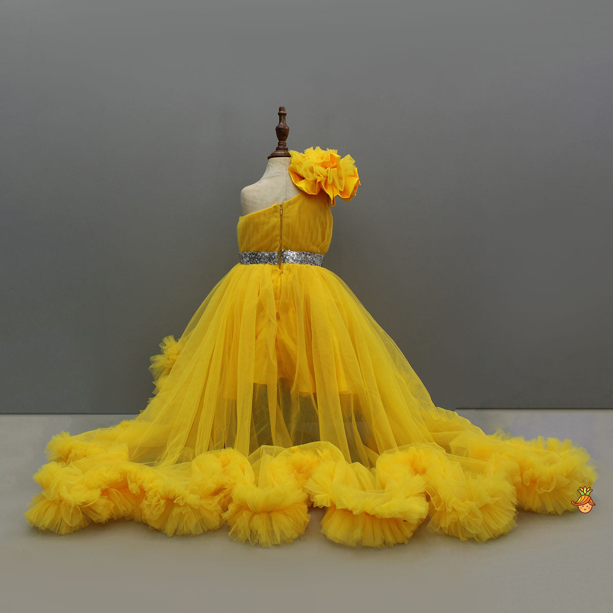 One Shoulder Ruffle Hem High Low Yellow Dress With Matching Head Band