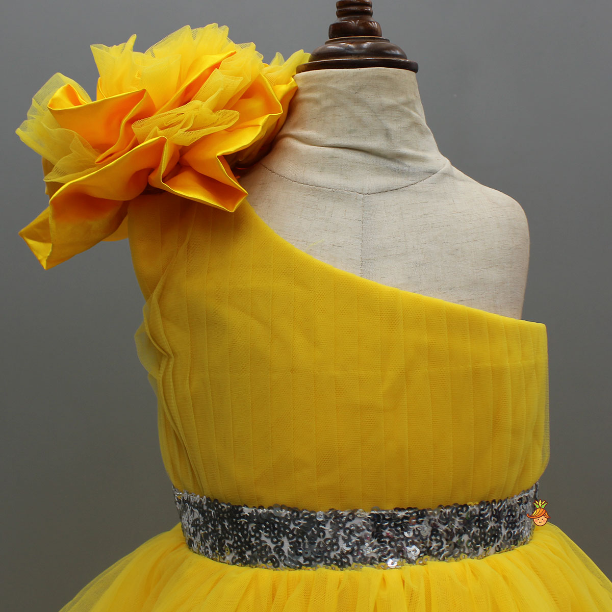 One Shoulder Ruffle Hem High Low Yellow Dress With Matching Head Band