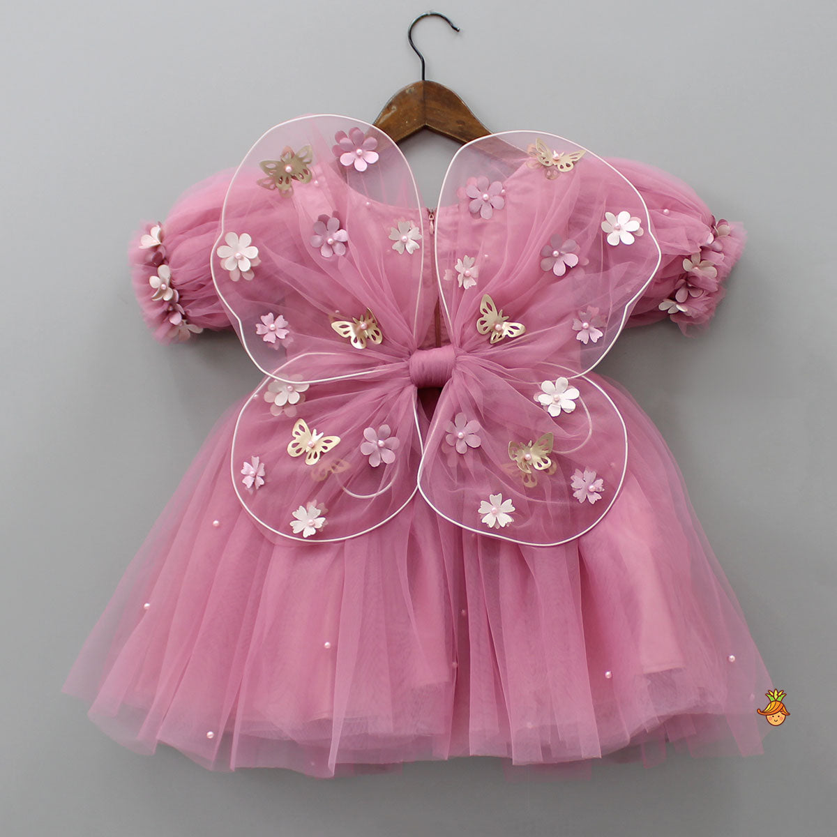 Flower Enhanced Pink Butterfly Wings Dress With Head Band