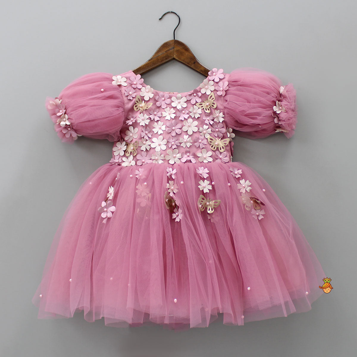 Flower Enhanced Pink Butterfly Wings Dress With Head Band