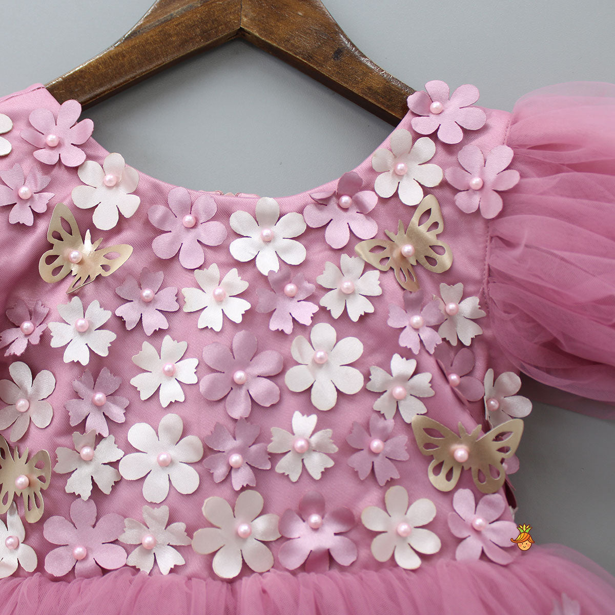 Flower Enhanced Pink Butterfly Wings Dress With Head Band