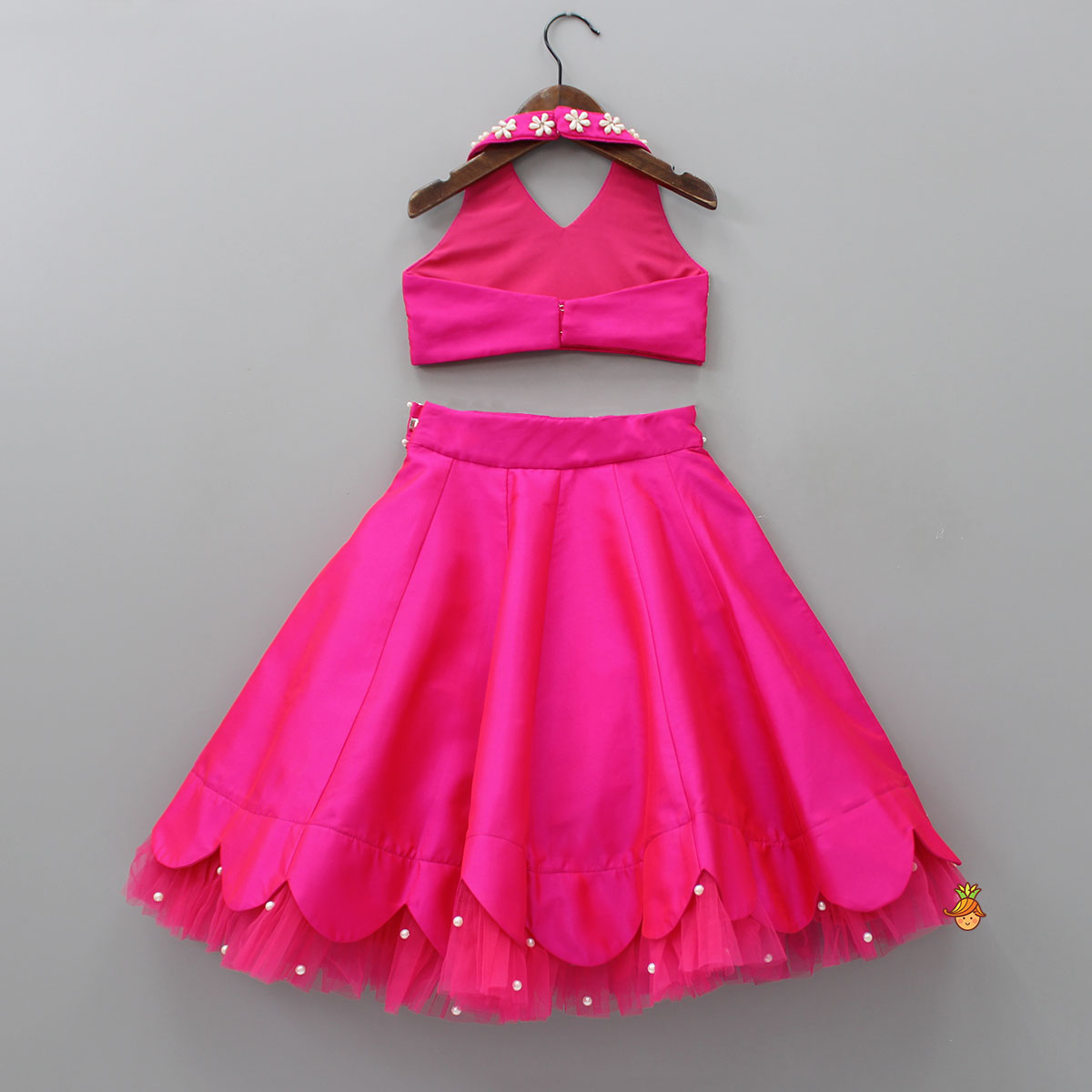 Halter Neck Pink Floral Embroidered Top And Scalloped Hem Lehenga With Flat Back Pearls Enhanced Ruffle Dupatta