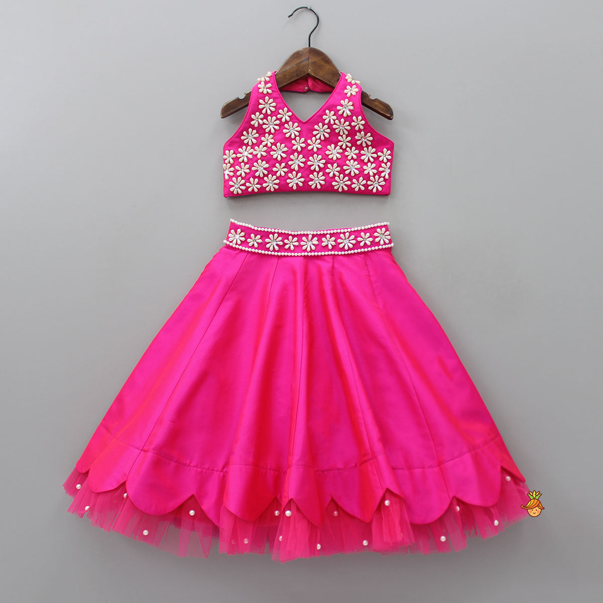 Halter Neck Pink Floral Embroidered Top And Scalloped Hem Lehenga With Flat Back Pearls Enhanced Ruffle Dupatta