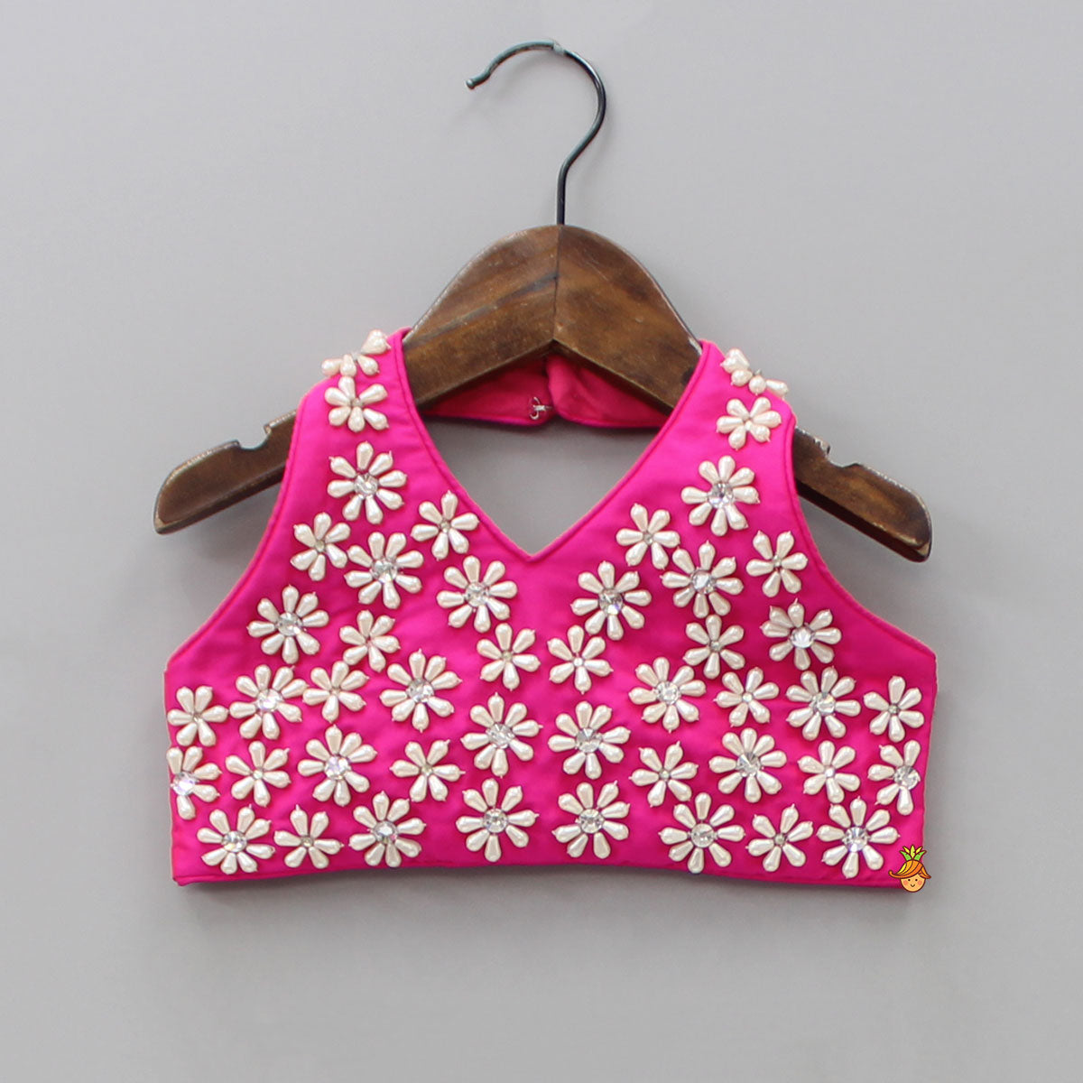 Halter Neck Pink Floral Embroidered Top And Scalloped Hem Lehenga With Flat Back Pearls Enhanced Ruffle Dupatta