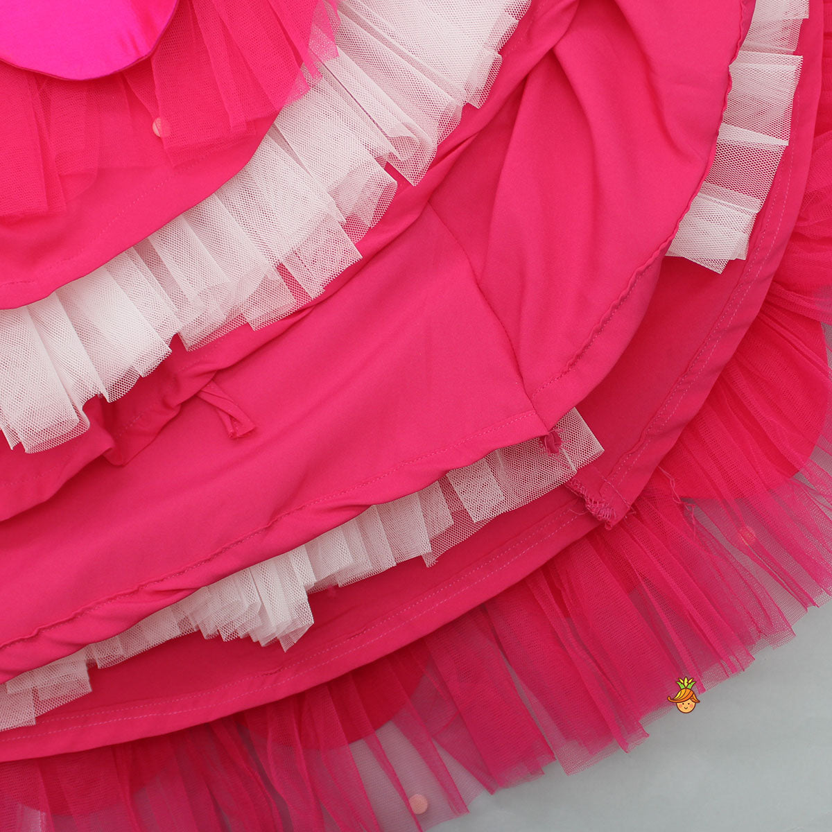 Halter Neck Pink Floral Embroidered Top And Scalloped Hem Lehenga With Flat Back Pearls Enhanced Ruffle Dupatta