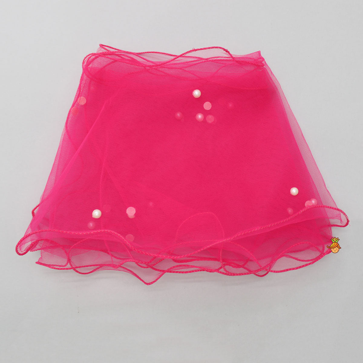 Halter Neck Pink Floral Embroidered Top And Scalloped Hem Lehenga With Flat Back Pearls Enhanced Ruffle Dupatta