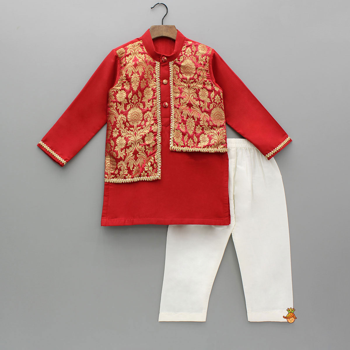 Brocade Attached Flap Red Kurta And Off White Pyjama