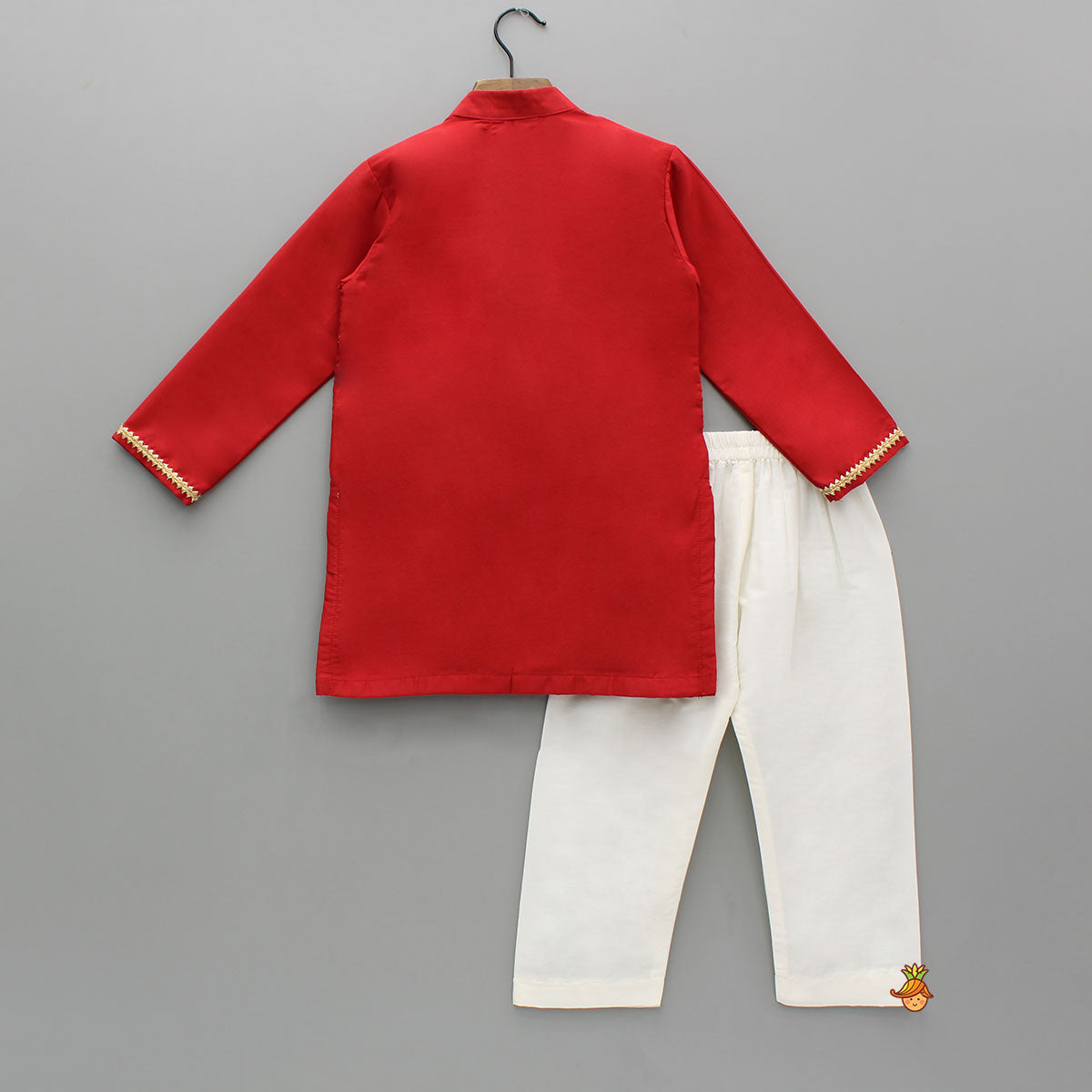 Brocade Attached Flap Red Kurta And Off White Pyjama