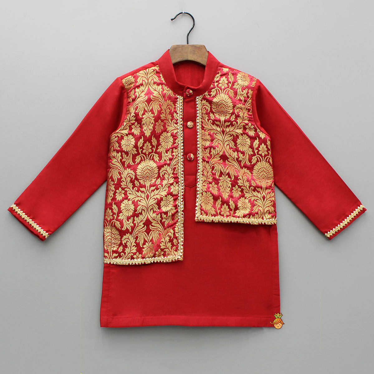 Brocade Attached Flap Red Kurta And Off White Pyjama