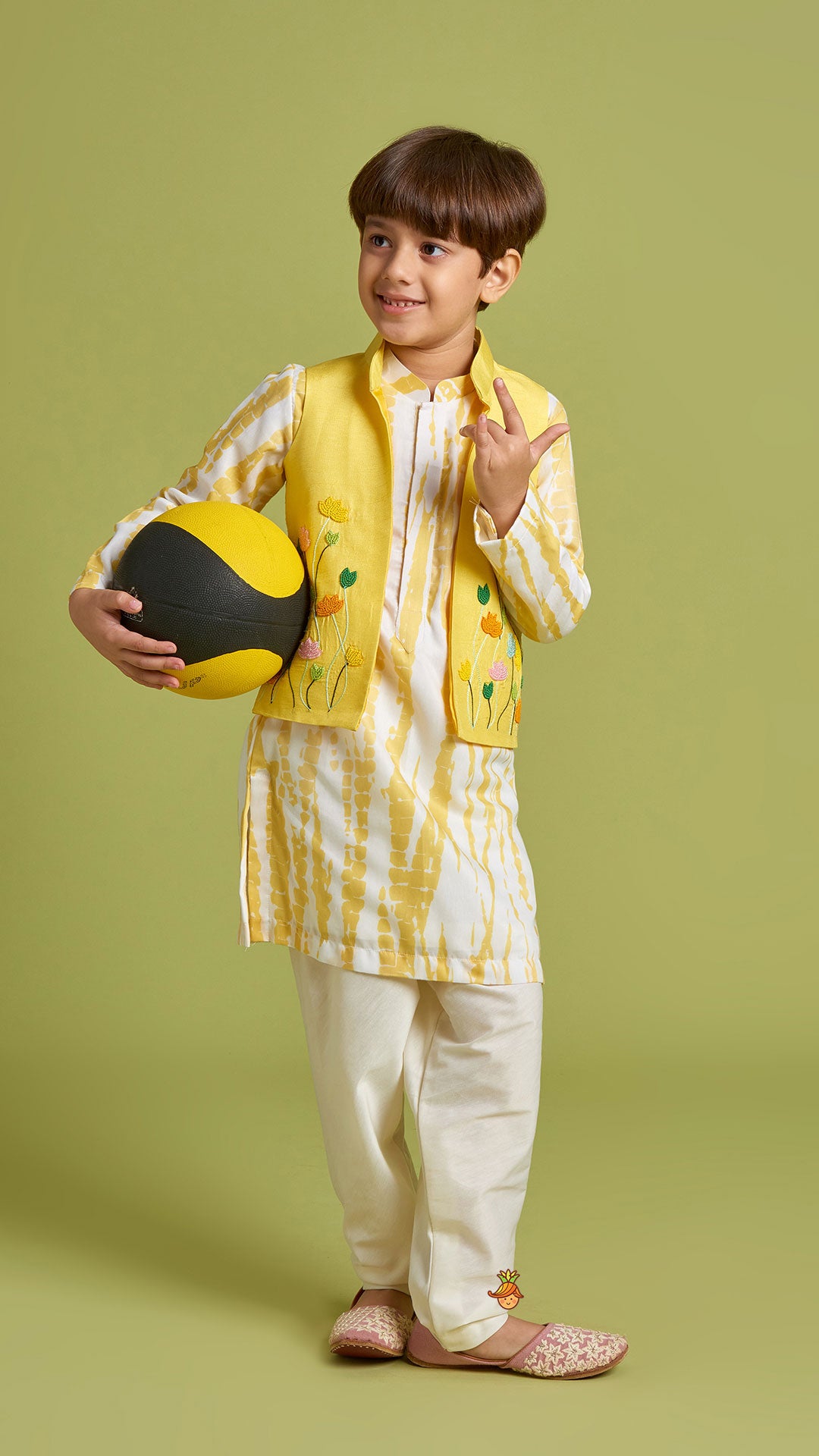 Shibori Printed Kurta With Beads Embroidered Yellow Open Jacket And Churidar