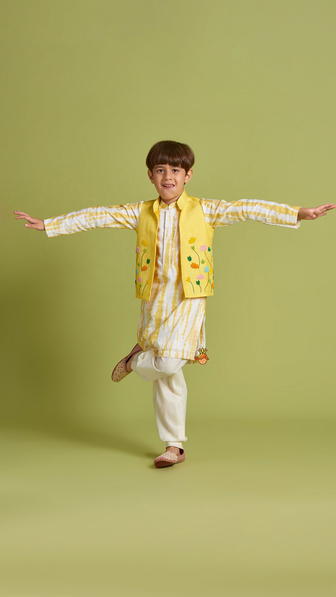 Shibori Printed Kurta With Beads Embroidered Yellow Open Jacket And Churidar