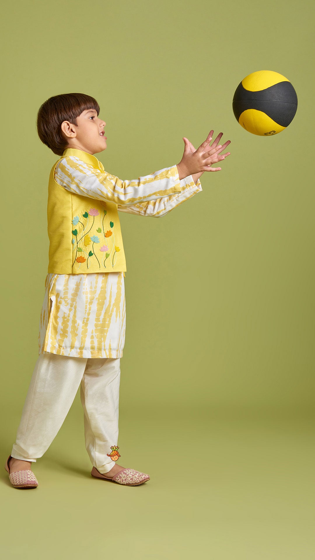 Shibori Printed Kurta With Beads Embroidered Yellow Open Jacket And Churidar