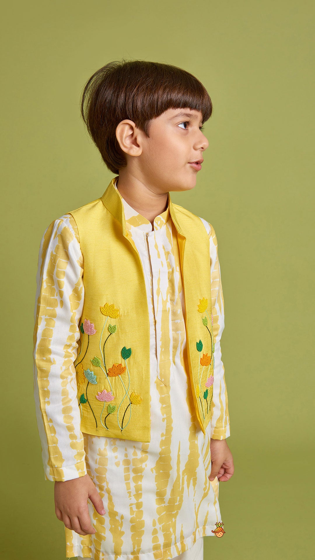 Shibori Printed Kurta With Beads Embroidered Yellow Open Jacket And Churidar