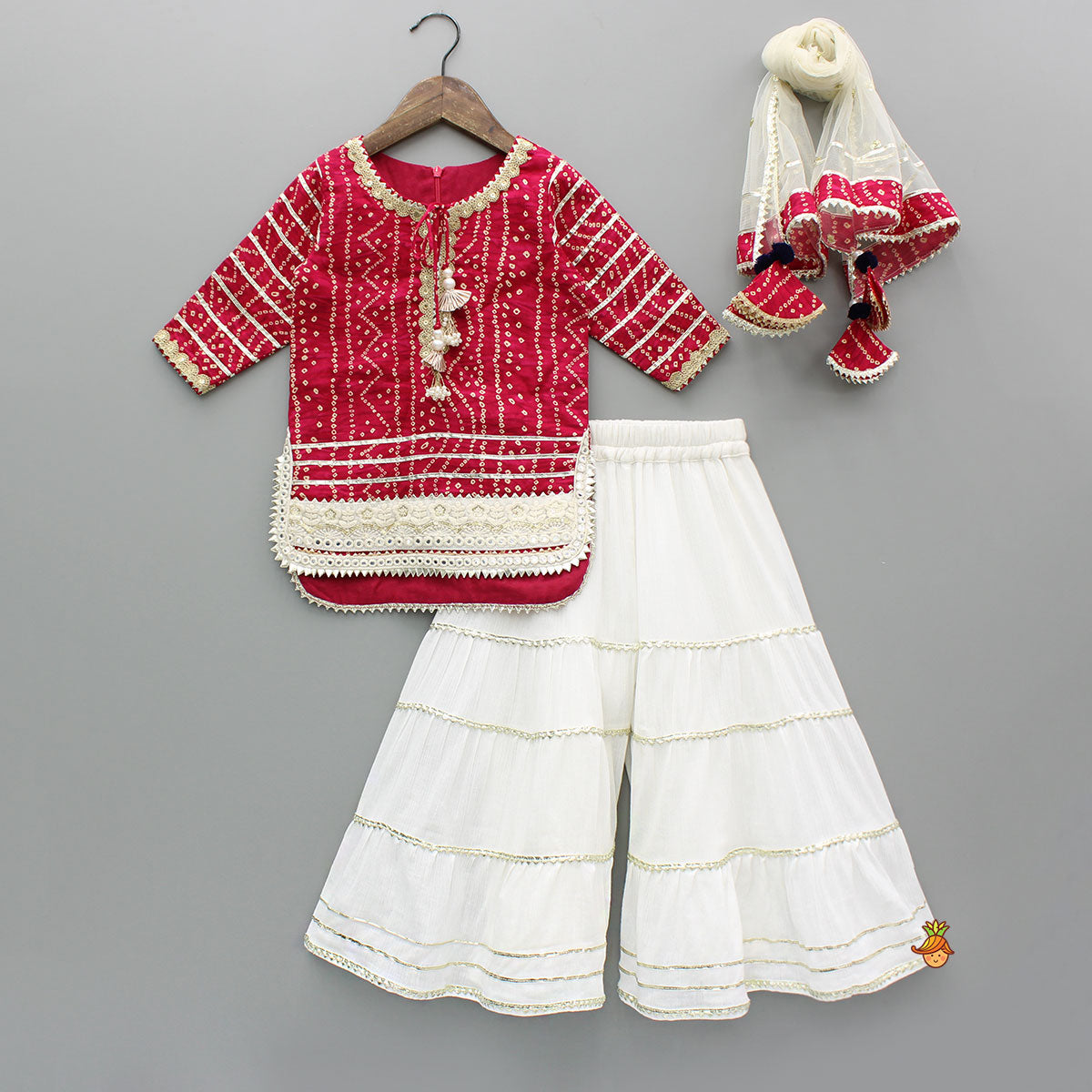 Bandhani Printed Pink Kurti With Off-White Sharara And Net Dupatta
