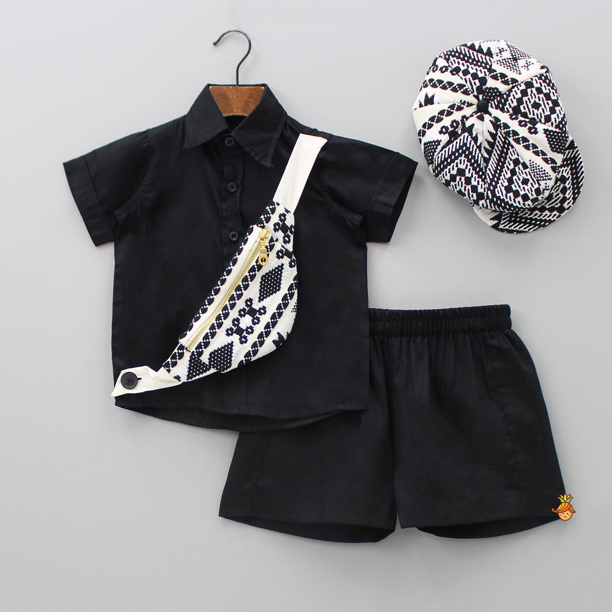 Pre Order: Black Shirt And Shorts With Attached Bag And Matching Cap