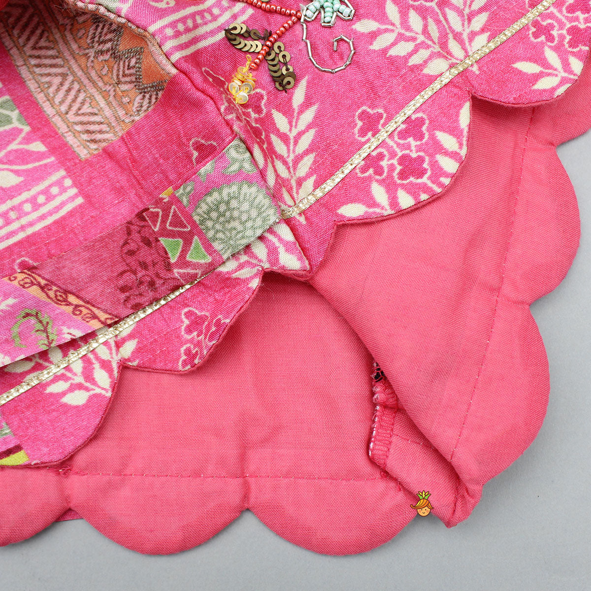 Stunning Pink Raw Silk Scalloped Top And Pearly Tassels Enhanced Lehenga