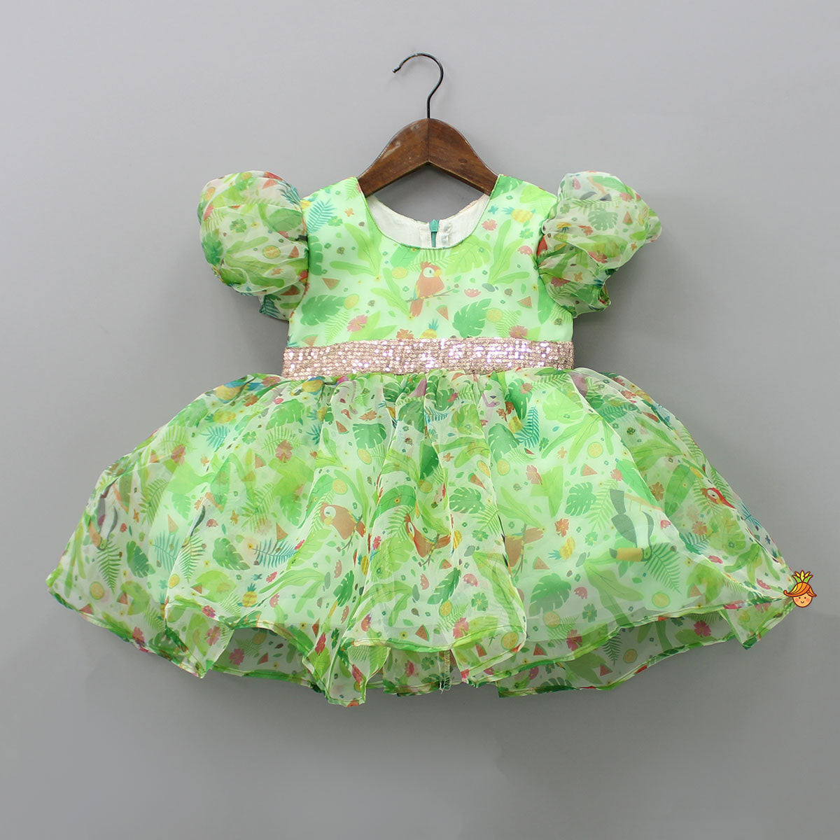 Jungle Theme Printed Green Puff Sleeves Dress With Sequined Belt 4