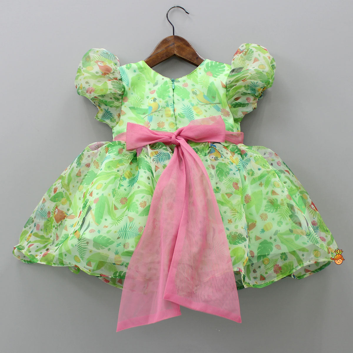 Jungle Theme Printed Green Puff Sleeves Dress With Sequined Belt