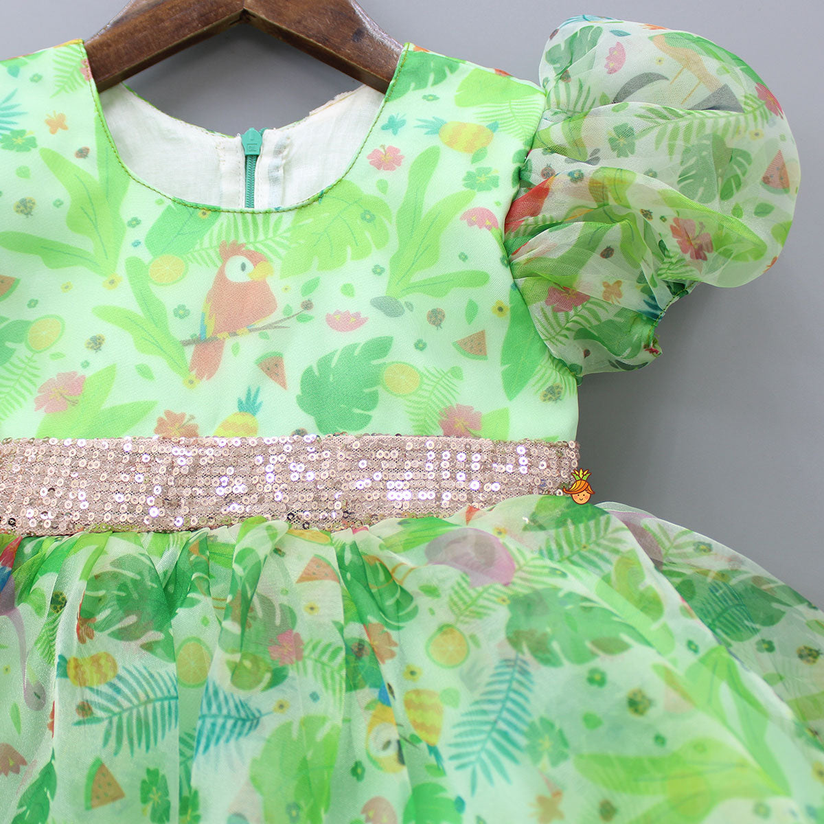Jungle Theme Printed Green Puff Sleeves Dress With Sequined Belt