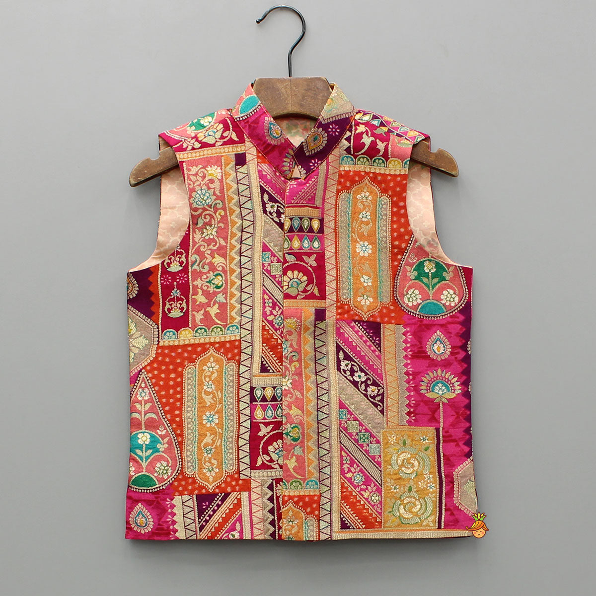 Front Placket Orange Kurta With Cotton Silk Multicolour Brocade Jacket And Pyjama
