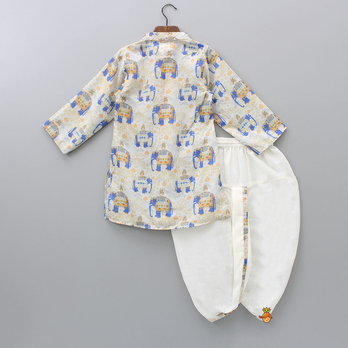 Elephant Printed Thread Detail Multicolour Kurta With Off White Dhoti
