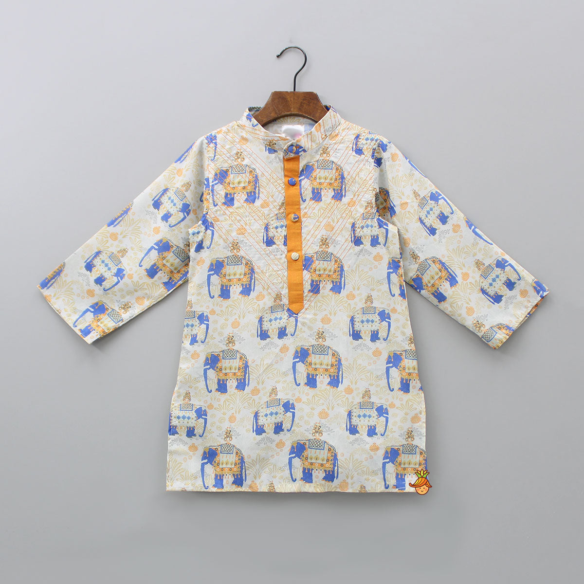 Elephant Printed Thread Detail Multicolour Kurta With Off White Dhoti