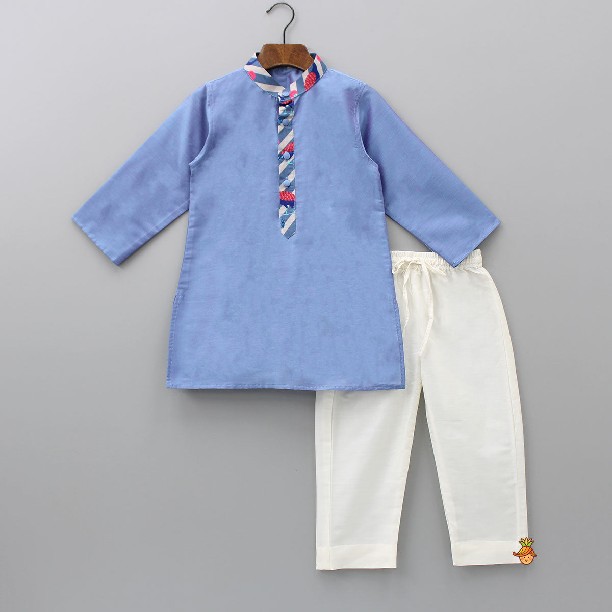 Blue Kurta With Peacock Printed Front Open Jacket And Pyjama