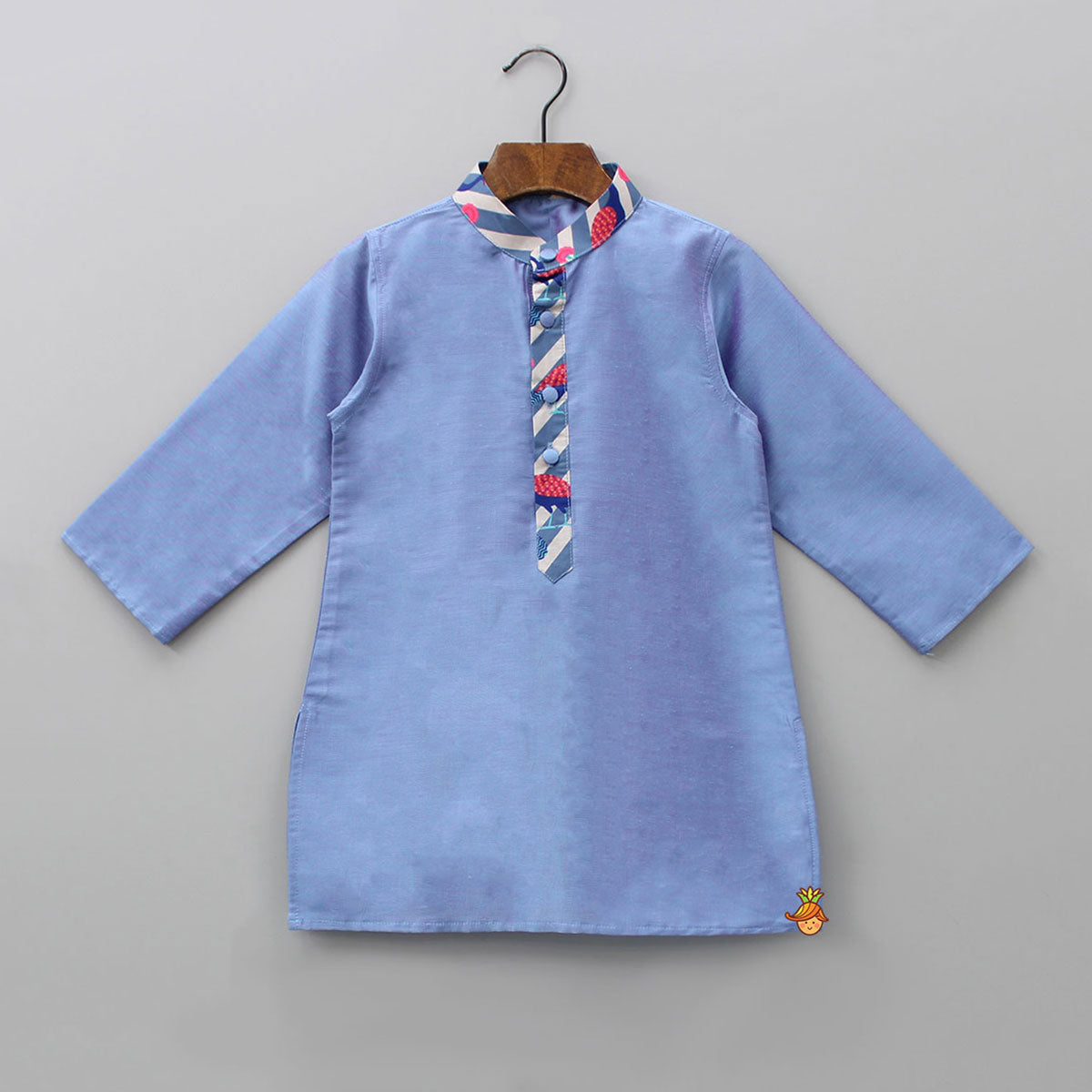 Blue Kurta With Peacock Printed Front Open Jacket And Pyjama
