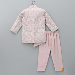 Pre Order: Elegant Front Open Embroidered Asymmetric Pink Sherwani And Pyjama