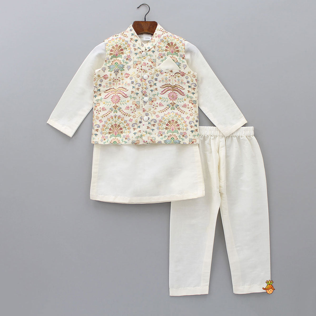 Floral Printed Thread Work Jacket With Off White Kurta And Pyjama