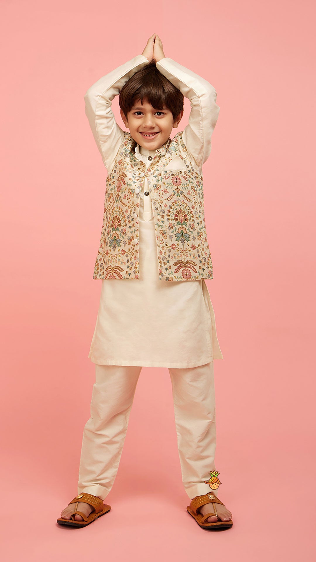 Floral Printed Thread Work Jacket With Off White Kurta And Pyjama