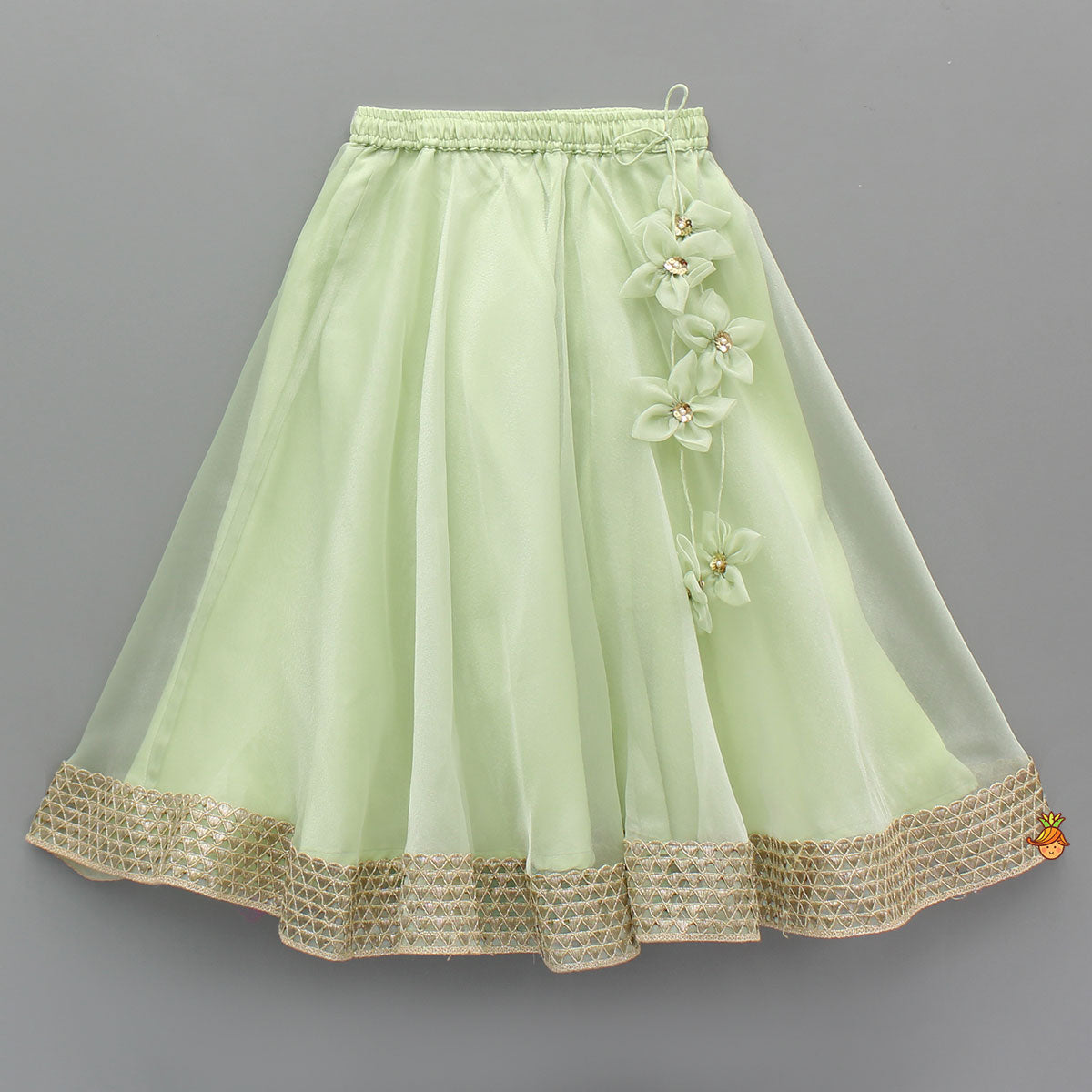 Floral Embroidered Green Sleeveless Top And Fabric Flower Tassels Adorned Lehenga With Ruffle Dupatta