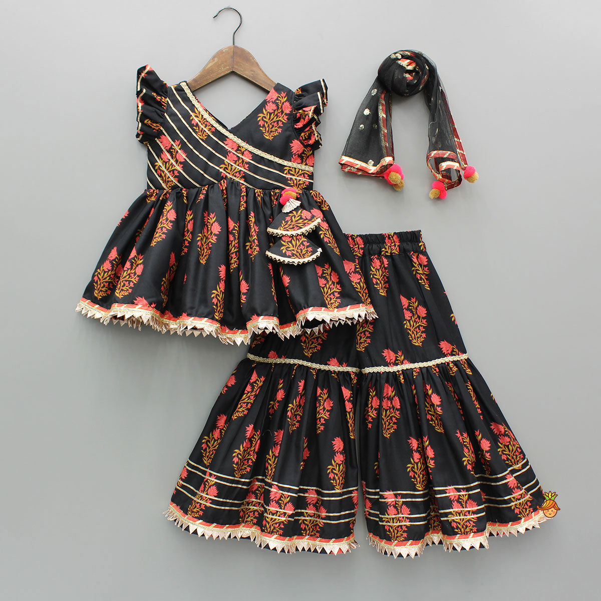 Black Cotton Floral Printed Kurti And Sharara With Net Dupatta