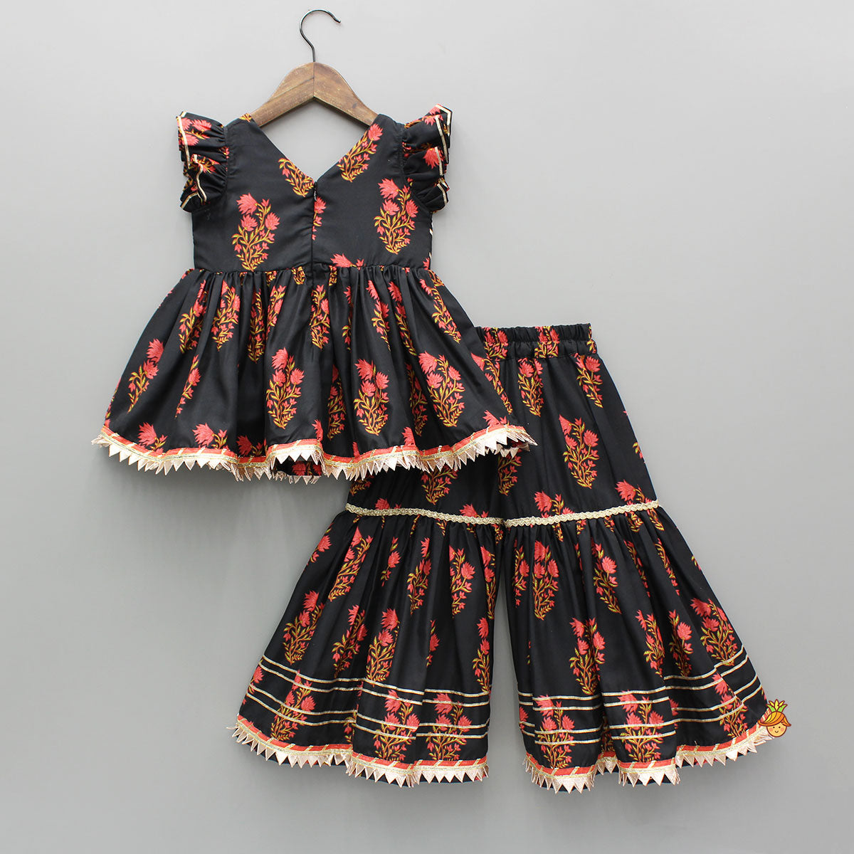 Black Cotton Floral Printed Kurti And Sharara With Net Dupatta