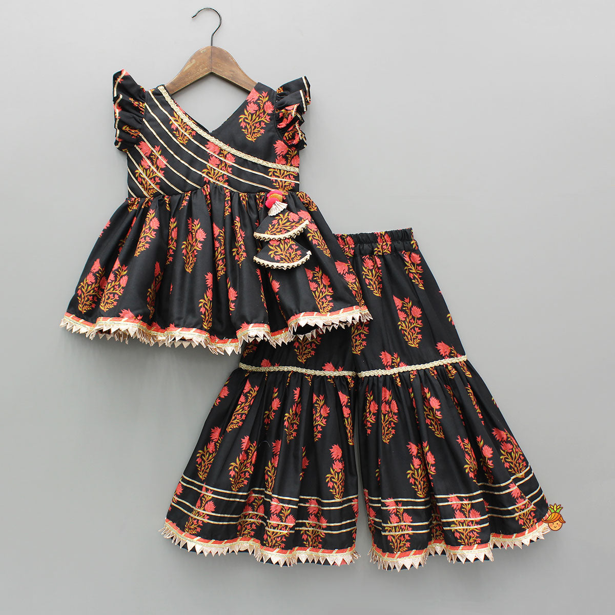 Black Cotton Floral Printed Kurti And Sharara With Net Dupatta