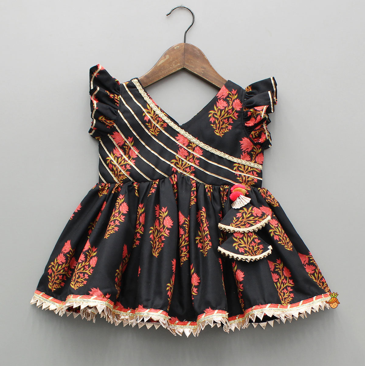 Black Cotton Floral Printed Kurti And Sharara With Net Dupatta