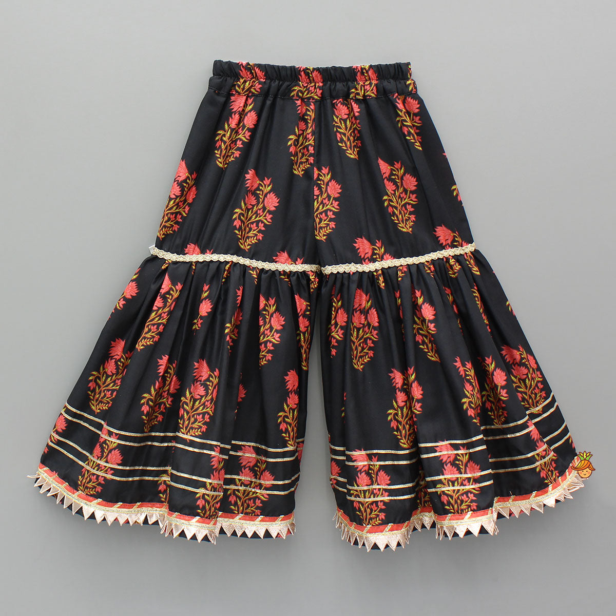Black Cotton Floral Printed Kurti And Sharara With Net Dupatta