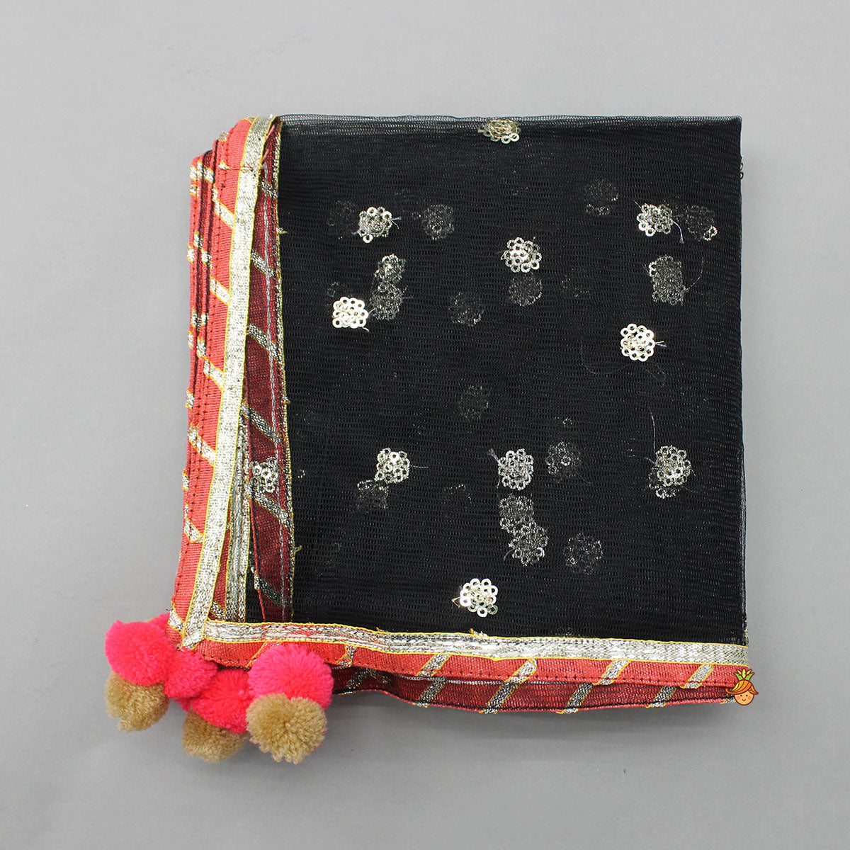 Black Cotton Floral Printed Kurti And Sharara With Net Dupatta