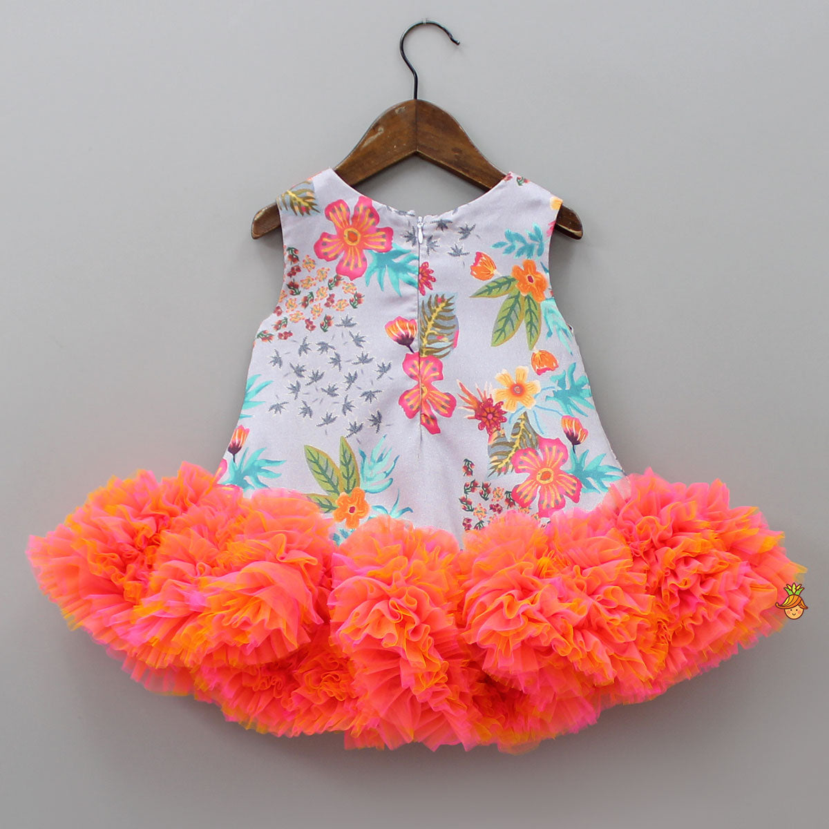 Grey Floral Printed Dress With Ruffle Hem