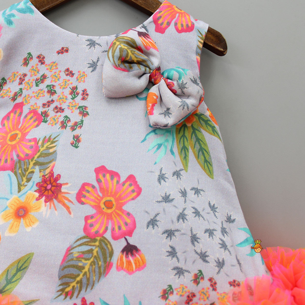 Grey Floral Printed Dress With Ruffle Hem