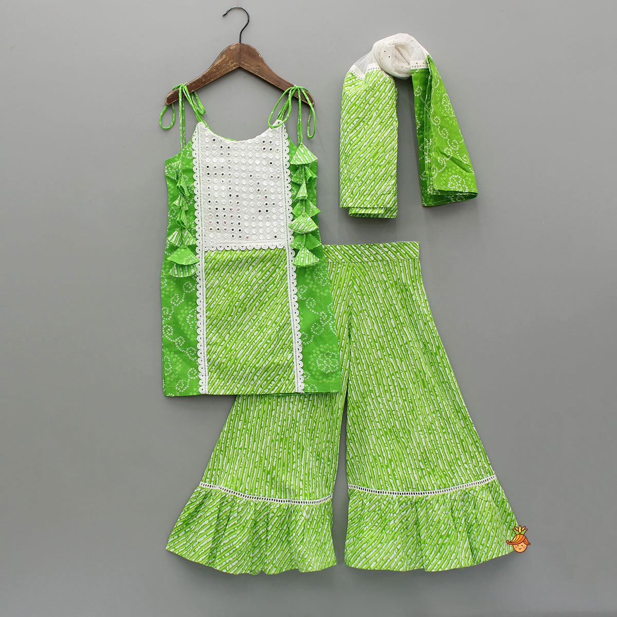Bandhani And Leheriya Printed Green Kurti And Palazzo With Net Dupatta