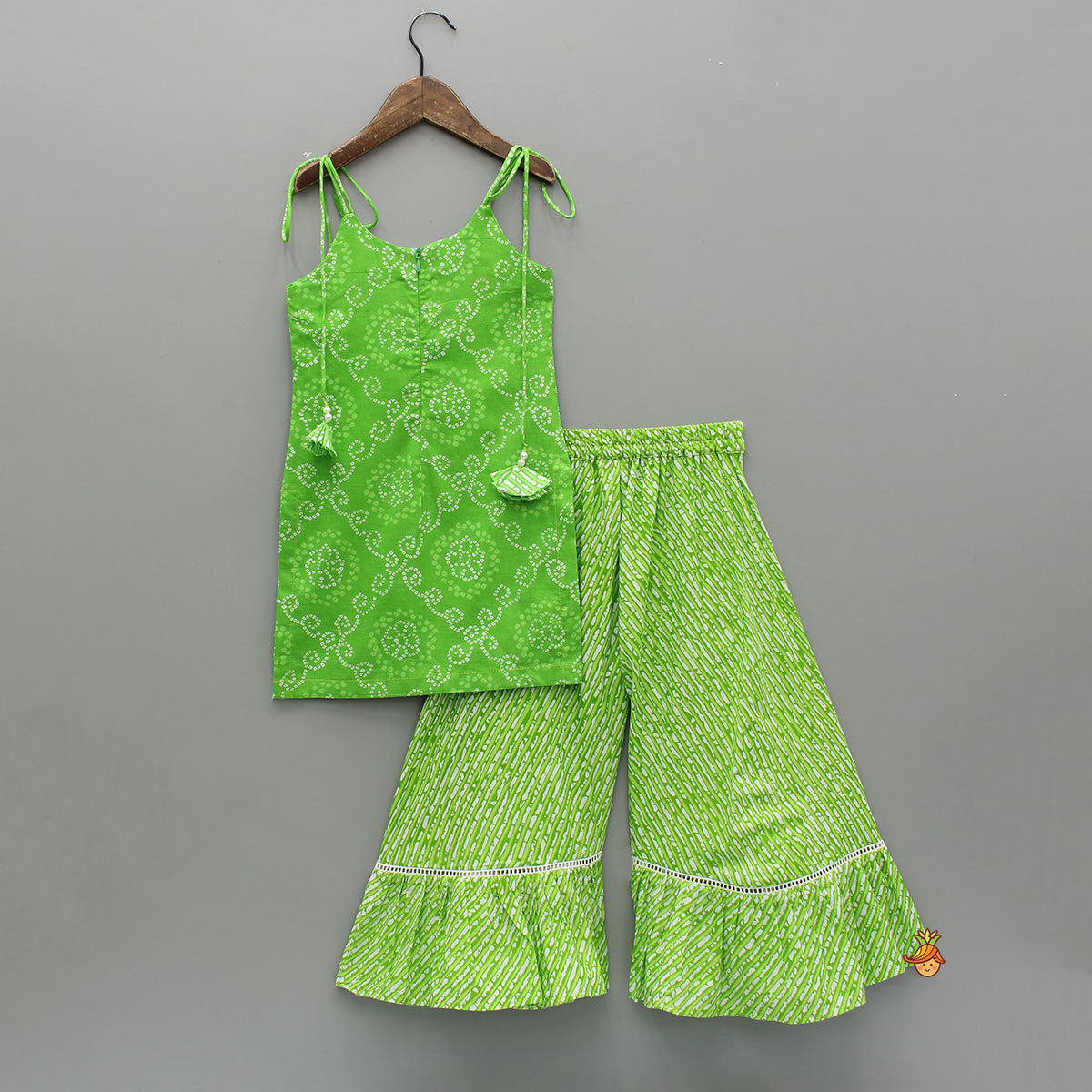 Bandhani And Leheriya Printed Green Kurti And Palazzo With Net Dupatta