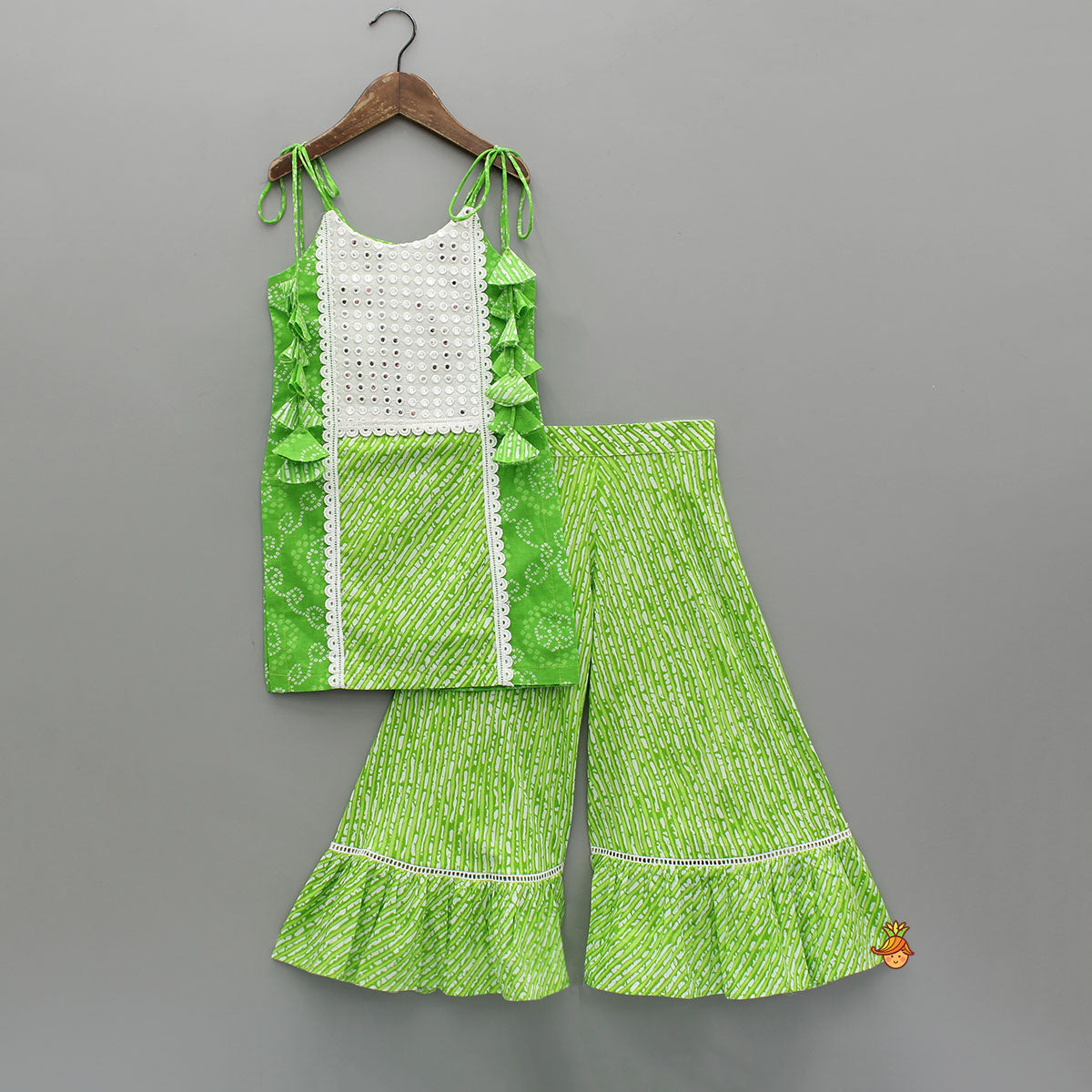 Bandhani And Leheriya Printed Green Kurti And Palazzo With Net Dupatta