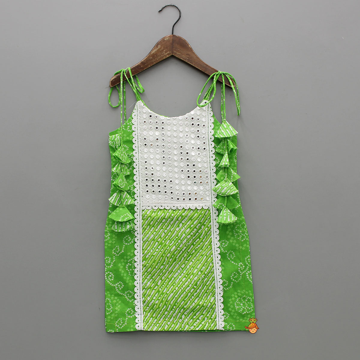 Bandhani And Leheriya Printed Green Kurti And Palazzo With Net Dupatta